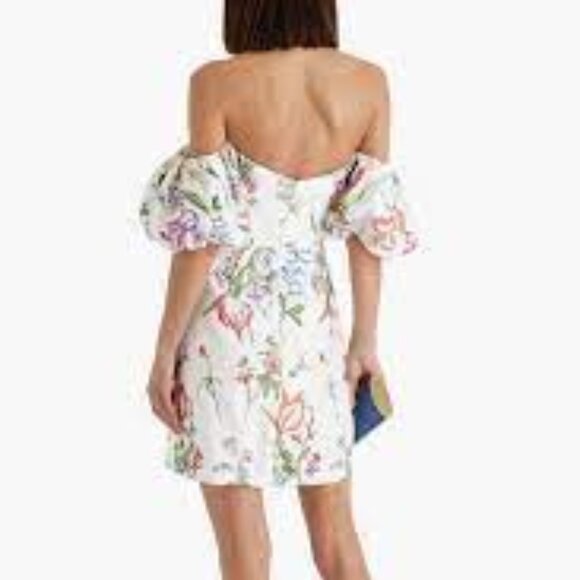 Marchesa Notte embroidered ivory floral puff sleeve Alex off shoulder dress 0 - Picture 6 of 12